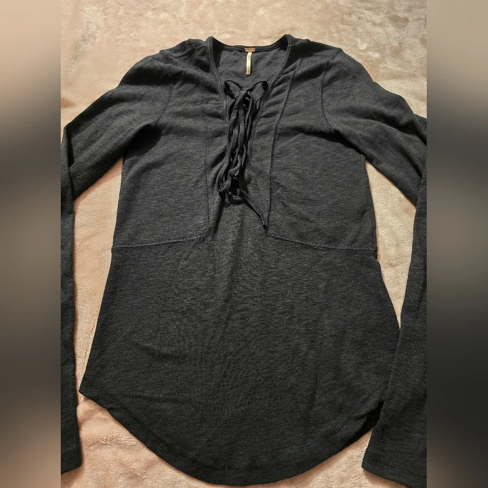Free People Black Cotton Lucky Lace Up Long Sleeve Criss Cross Tie Front Tee S